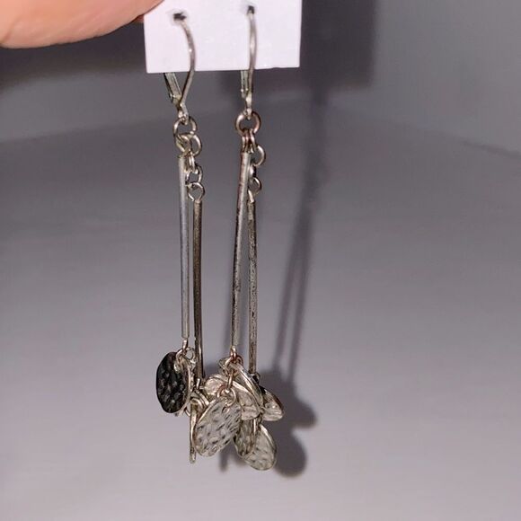 Silver Tone Drop Dangle Hammered Round Disk Earrings - Picture 1 of 6